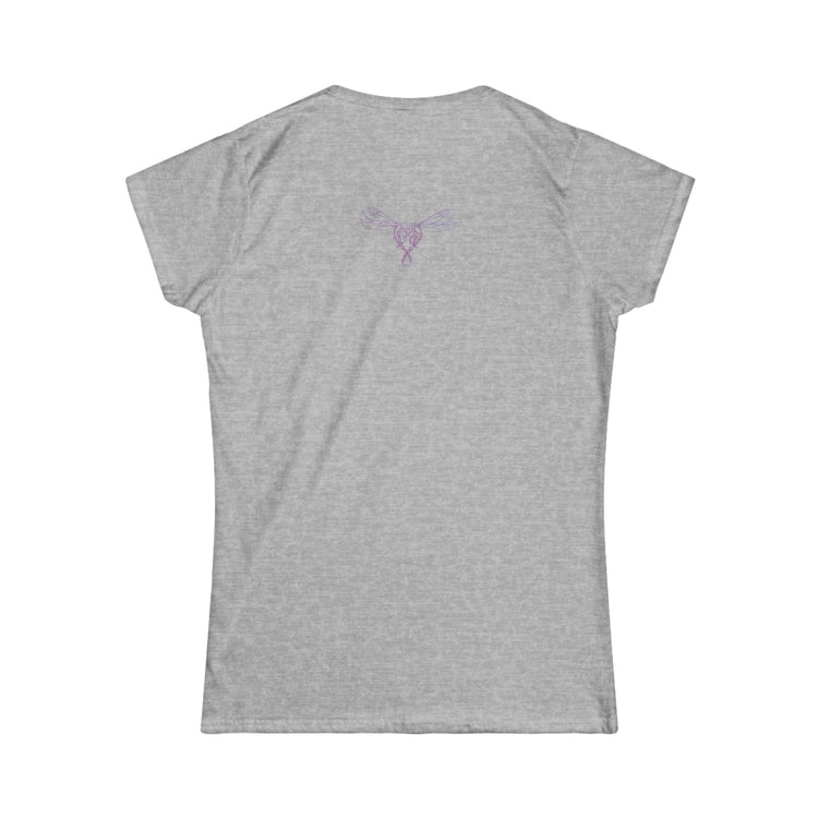 Back of gray short sleeve Latinas and tequila shirt with lavender dragonfly logo