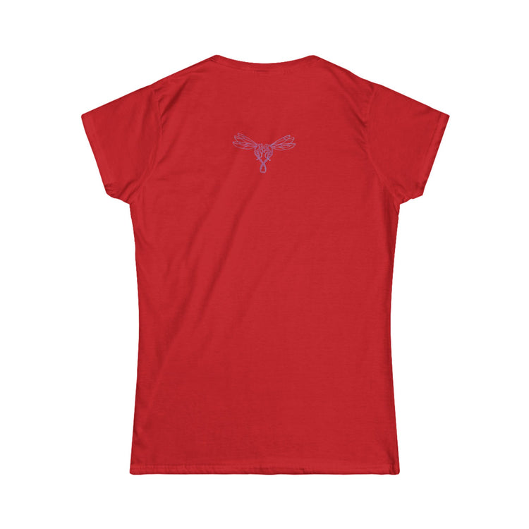 Back of short sleeve Latinas and tequila shirt with purple dragonfly logo.