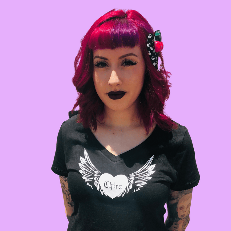 Black chica shirt hand made with white winged heart.