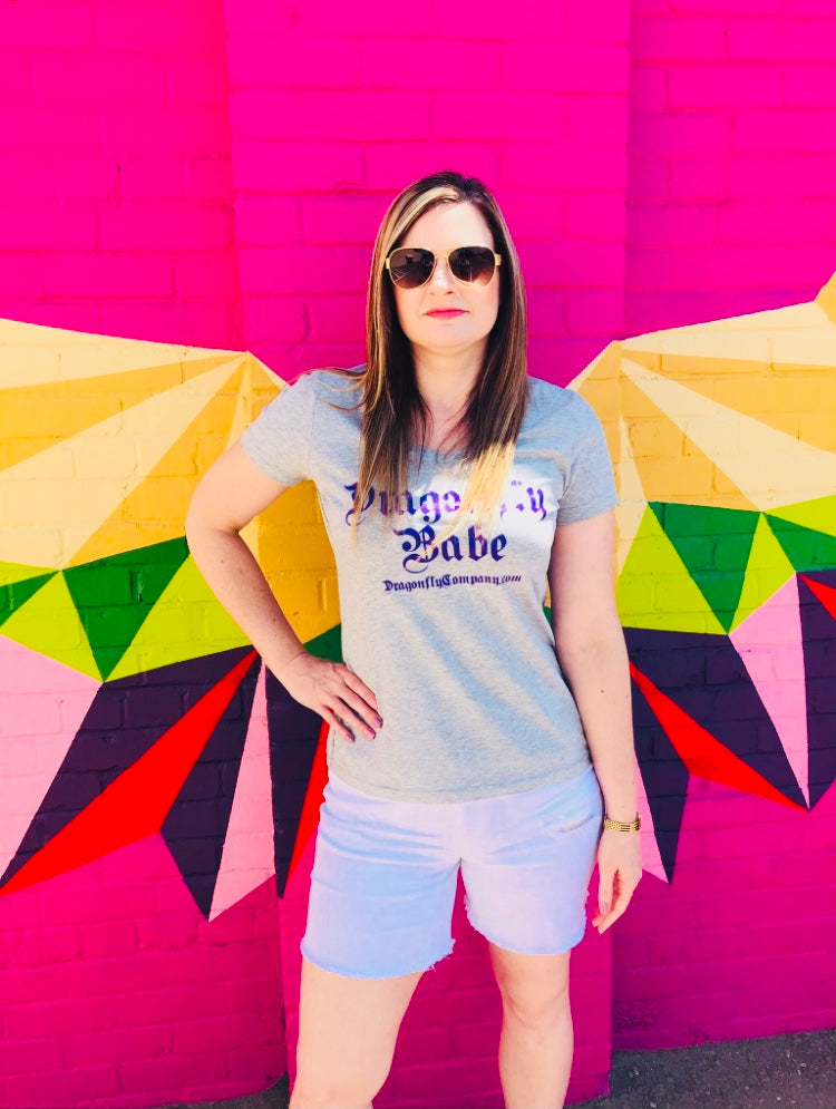 Short sleeve V-neck gray dragonfly babe shirt hand made.