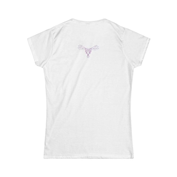 Back of white Latinas and tequilas shirt with purple dragonfly logo.