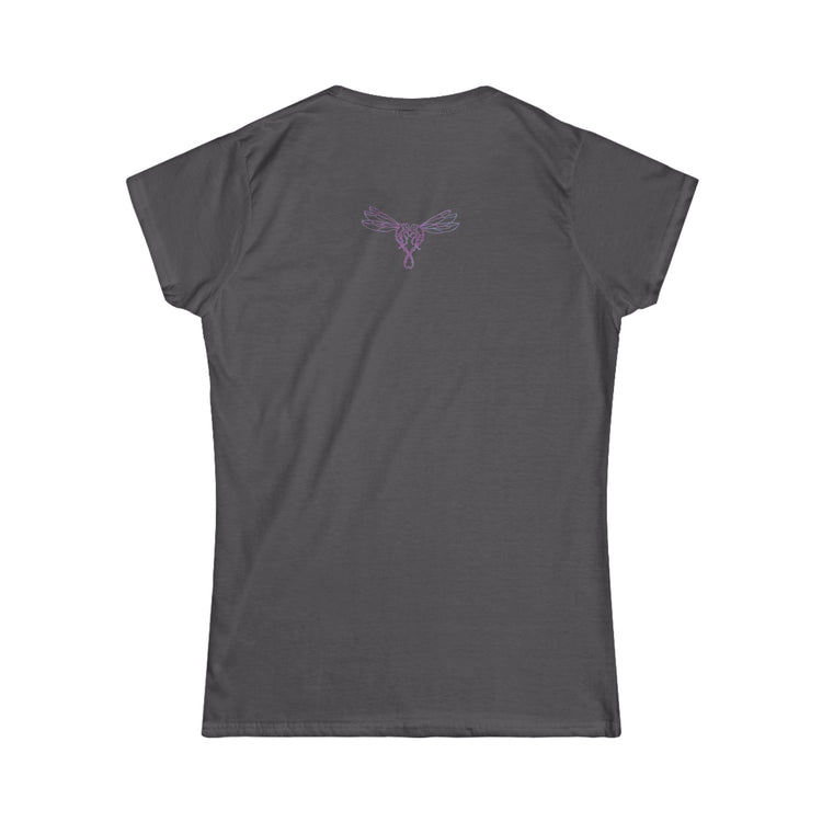 Back of gray Latinas and tequila shirt with dragonfly logo on the back.
