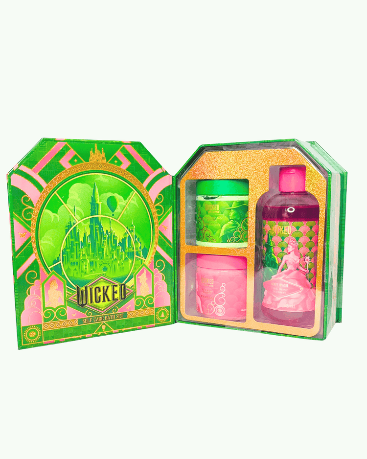 Wicked-themed gift set with a body wash body butter and sugar scrub in a decorative box.