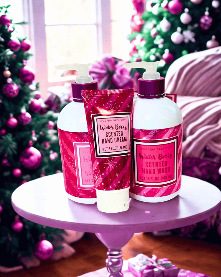 Hand wash and cream set with Christmas decorations in the background