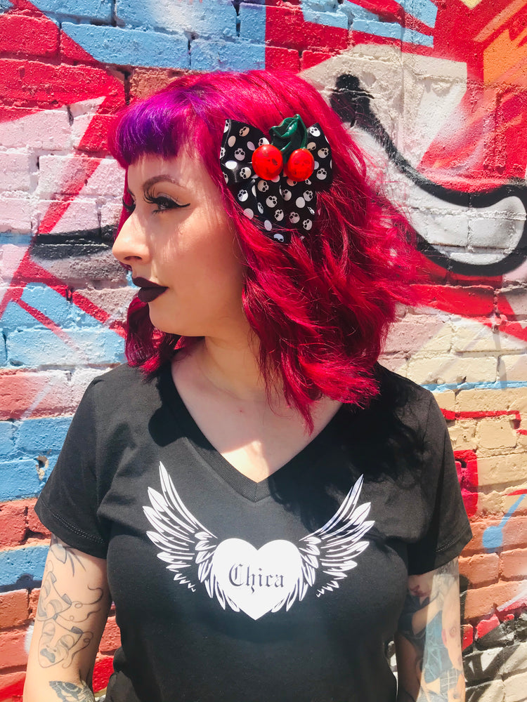 Black hand drawn hand made chica shirt with white winged heart.