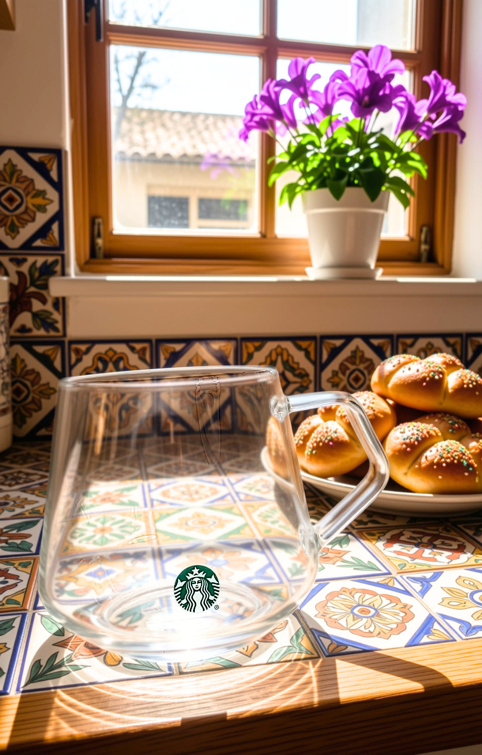 A clear glass coffee mug with a handle and a green Starbucks logo at the bottom, set on a colorful tiled table next to a plate of bread rolls. In the background, a window with purple flowers is visible.
