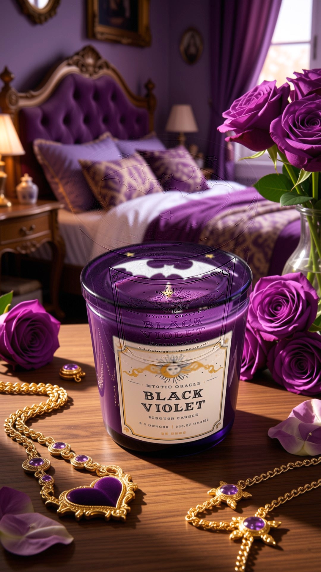 A purple glass jar candle labeled 'BLACK VIOLET' sits on a wooden table surrounded by purple roses, gold jewelry, and a purple bedroom in the background.