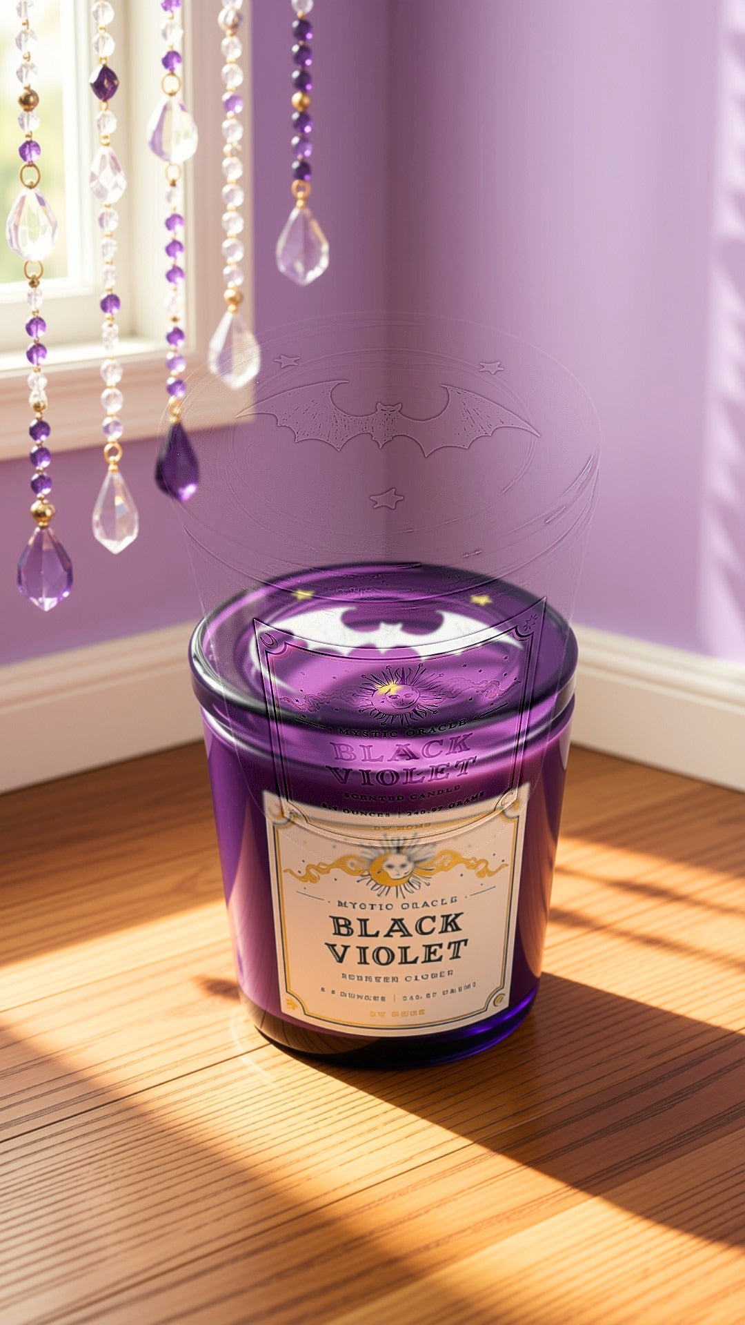 A purple glass jar candle labeled 'Black Violet' sits on a wooden floor against a lavender wall, with hanging crystal strands and window light casting shadows.
