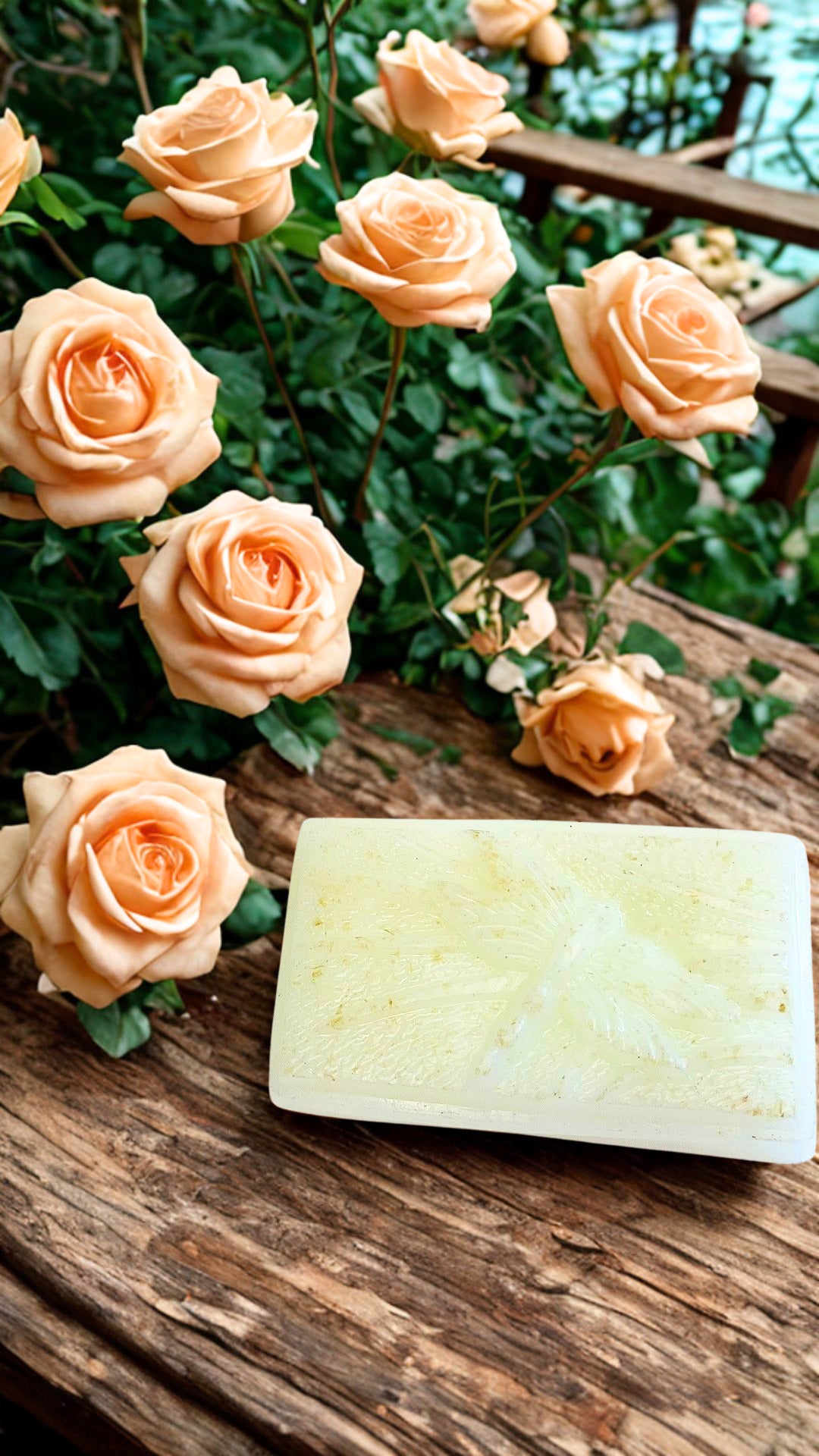 Bar of Clarity soap on a wooden surface with peach roses in the background