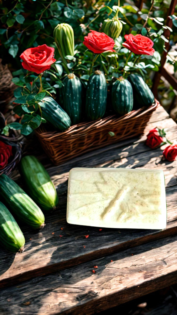 Basket of green cucumbers on a wooden surface with a bar of cucumber soap and red flowers.