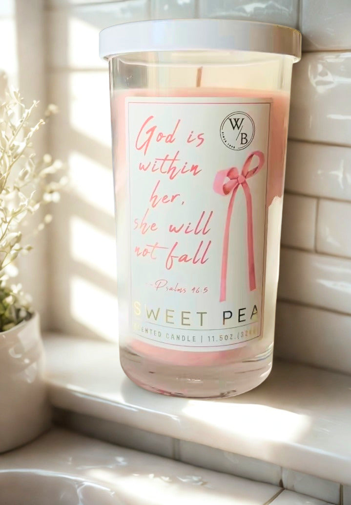 God is within her Candle with 'Sweet Pea' fragrance and motivational quote on a windowsill.