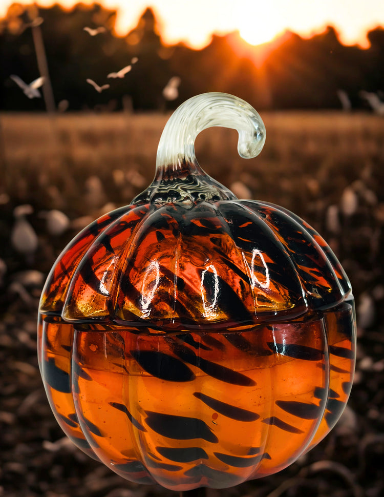 A clear glass pumpkin-shaped candle  with a curved stem, filled with amber-orange and  dark marbled streaks, photographed outdoors against a blurred sunset field background.