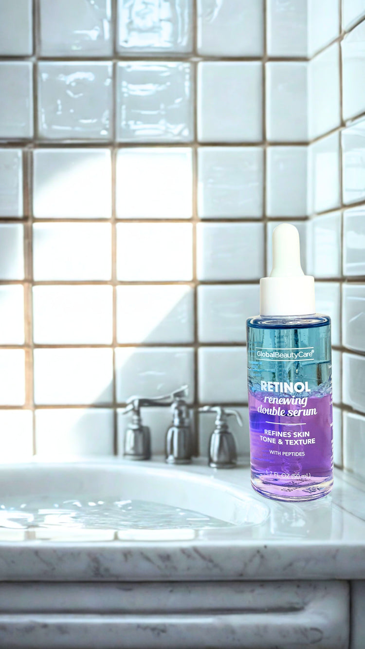 Limited Edition Retinol serum bottle on a bathroom counter with tiled wall background