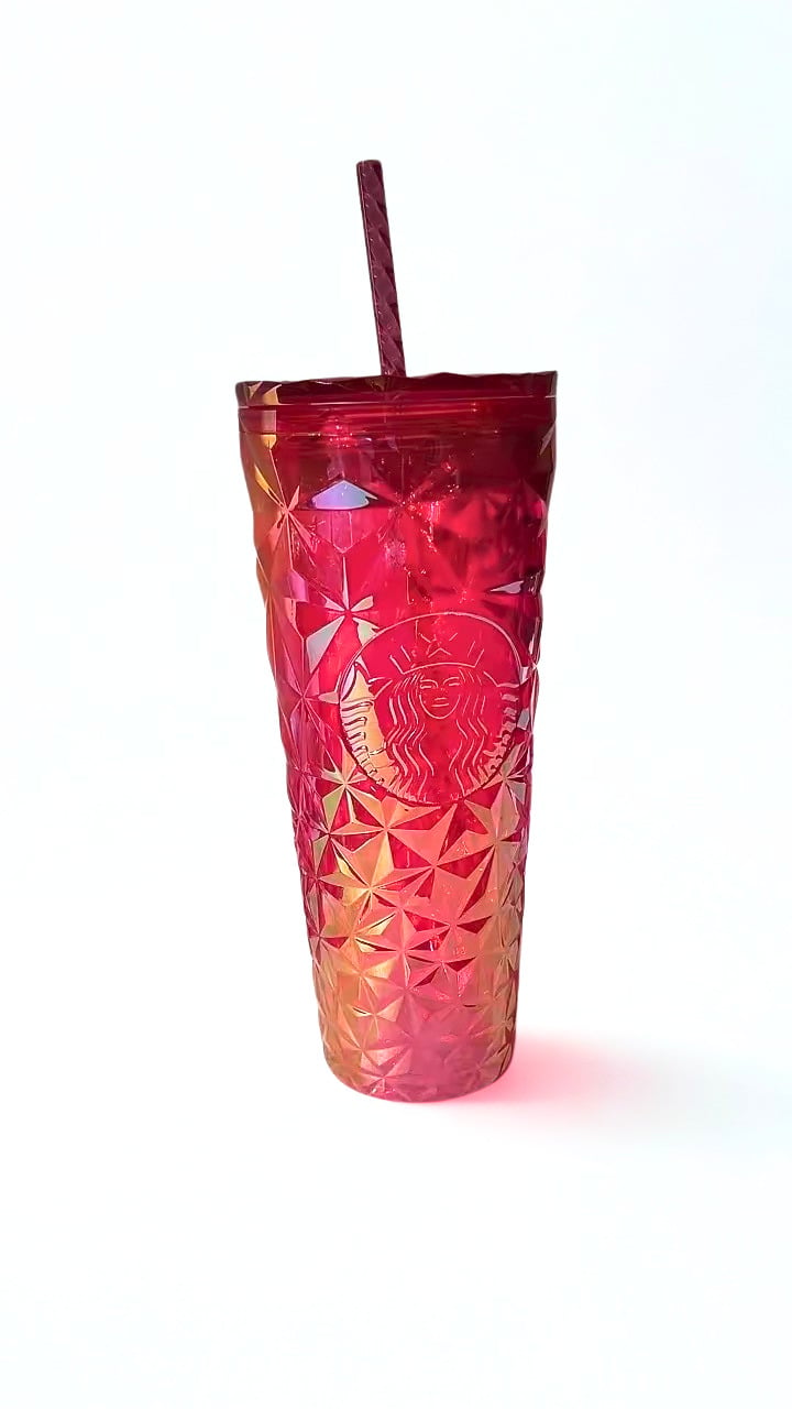 Starbucks siren logo on the front, set against a plain white background pink prism tumbler.