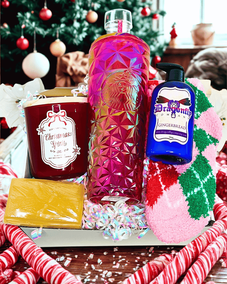 “Starbucks Christmas gift set with iridescent tumbler, peppermint candle, gingerbread lotion, gingerbread soap, and cozy slippers.”