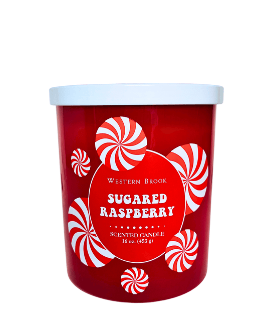 Two wick Sugared Raspberry scented candle with white lid and peppermint candy design.