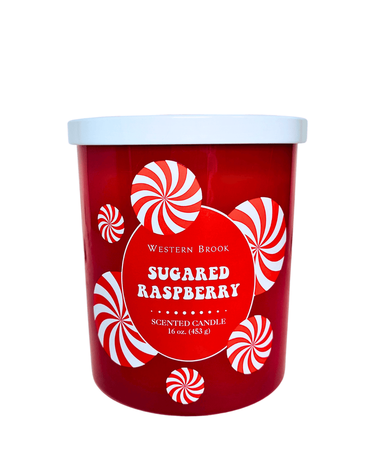 Two wick Sugared Raspberry scented candle with white lid and peppermint candy design.