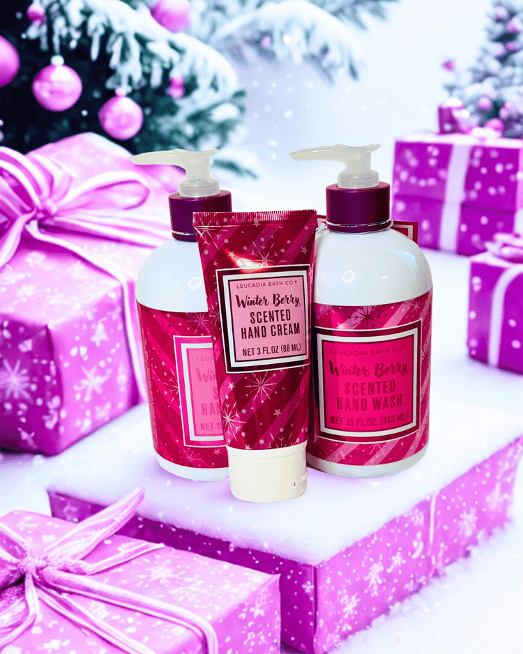 Hand wash and cream set with Christmas-themed packaging and decorations.