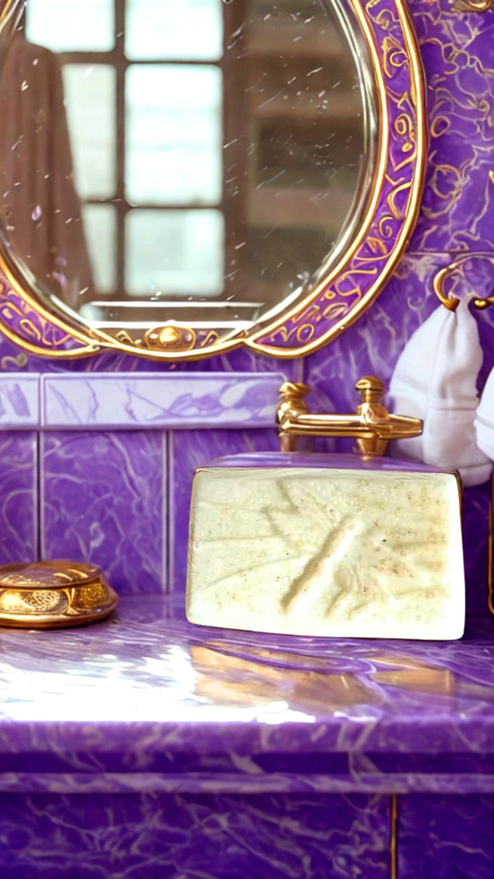 Purple bathroom vanity with gold accents a round mirror and a bar of cucumber bar soap.