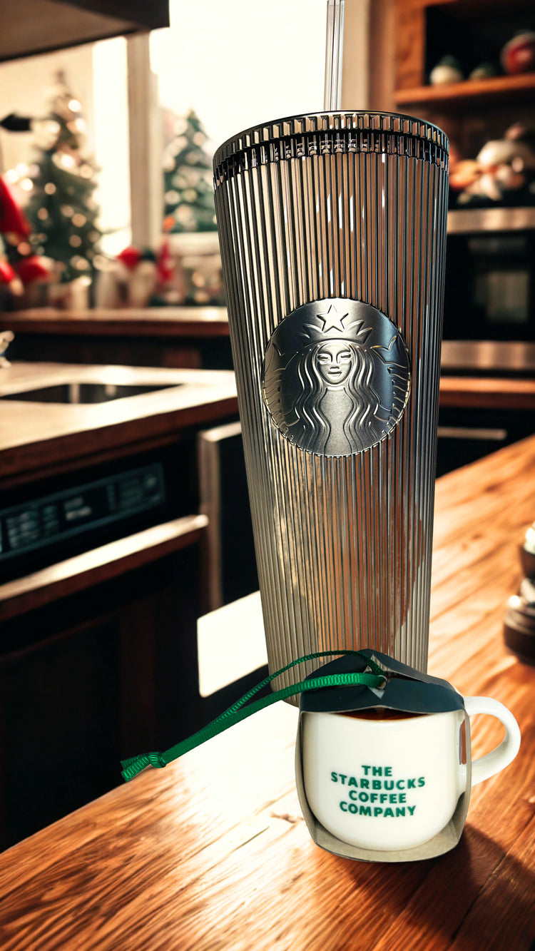 Starbucks tumbler and ornament  on a kitchen counter