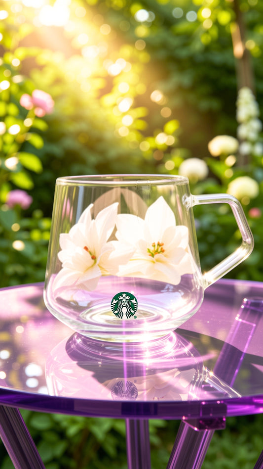 A clear Starbucks glass mug with a handle sits on a purple table outdoors, decorated with two white flowers and set against a sunlit green garden background.