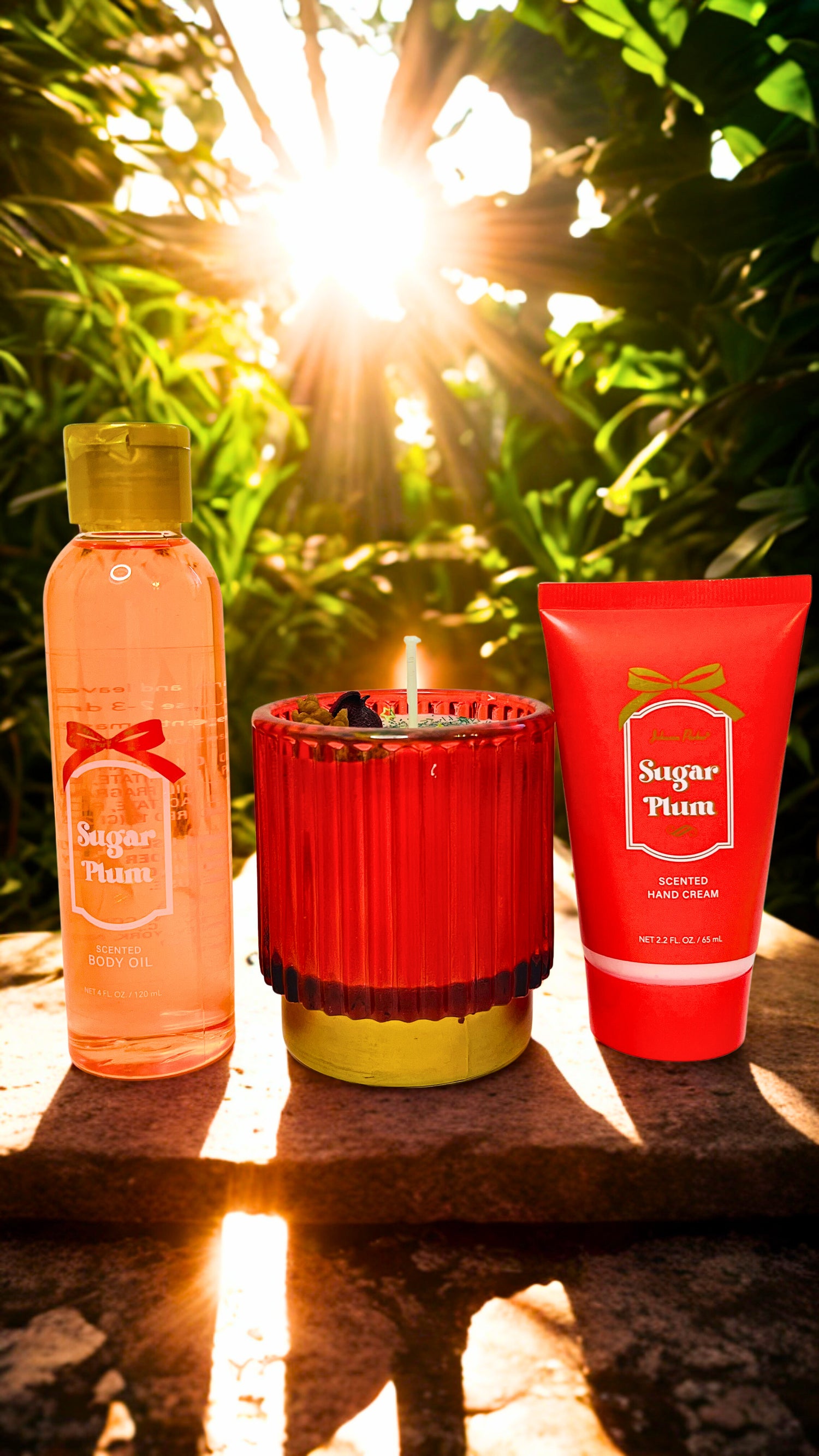 Three beauty products on a stone surface with a sunlit background