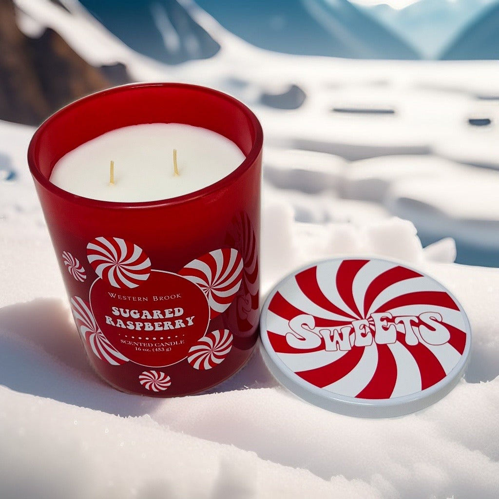 Sugared raspberry two wick candle with peppermint design in snow