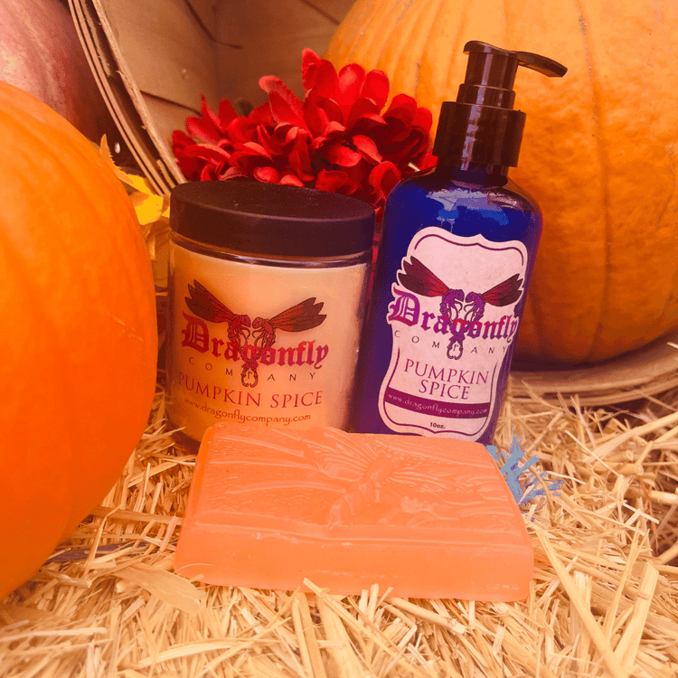 Pumpkin Spice Body Lotion, Soap and Candle by Dragonfly Company.
